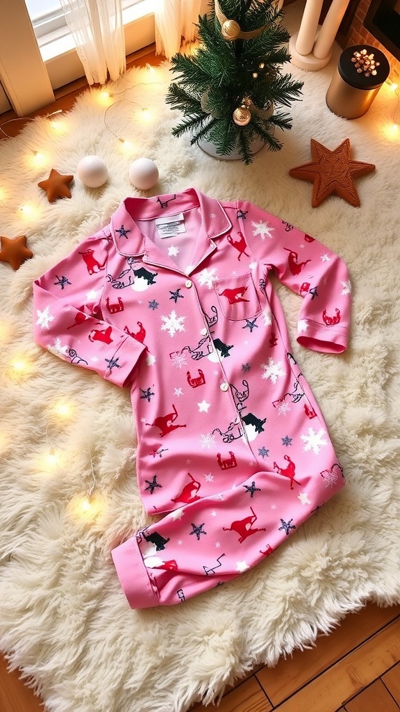 Pink Christmas pajamas with holiday patterns displayed on a cozy blanket with festive decorations.